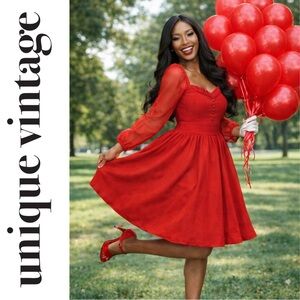 Unique Vintage 1950s Red Chiffon Long Sleeve Swing Dress, Large, NWT!